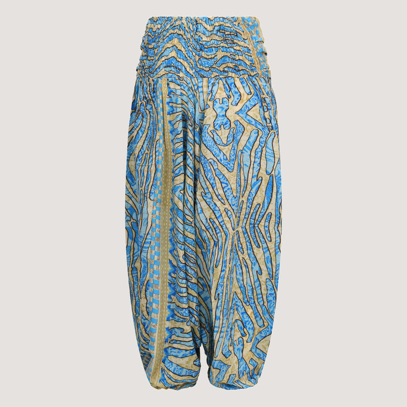 Blue and gold animal print, recycled Indian sari silk, strapless jumpsuit 2-in-1 harem trousers designed by OMishka