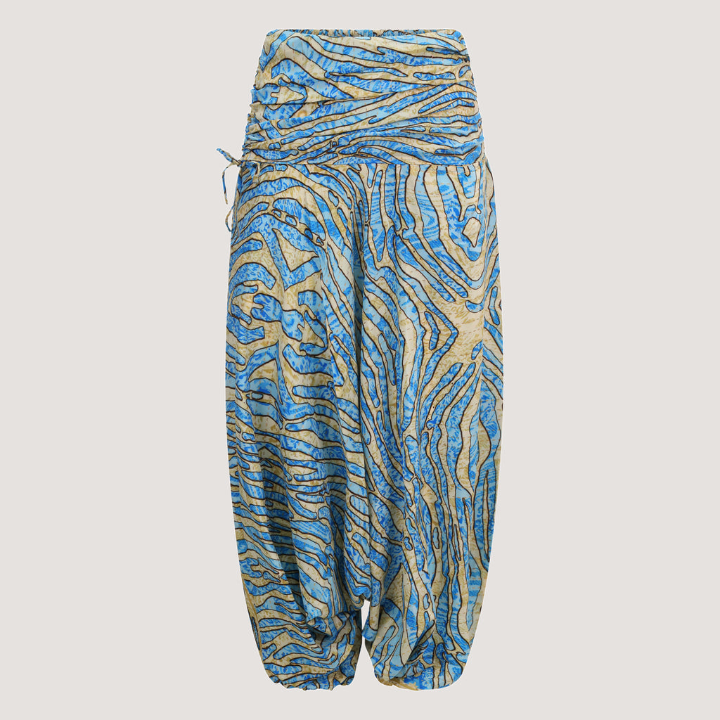 Blue and gold animal print, recycled Indian sari silk, harem trousers 2-in-1 bandeau jumpsuit designed by OMishka