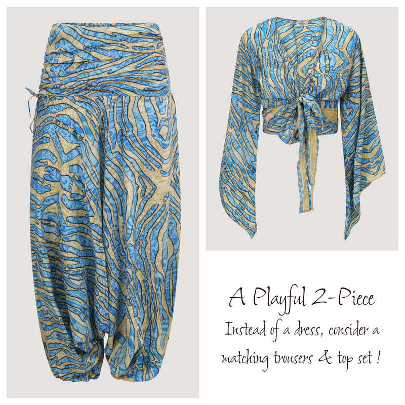 Blue & Gold Animal Print Sari Wrap Top