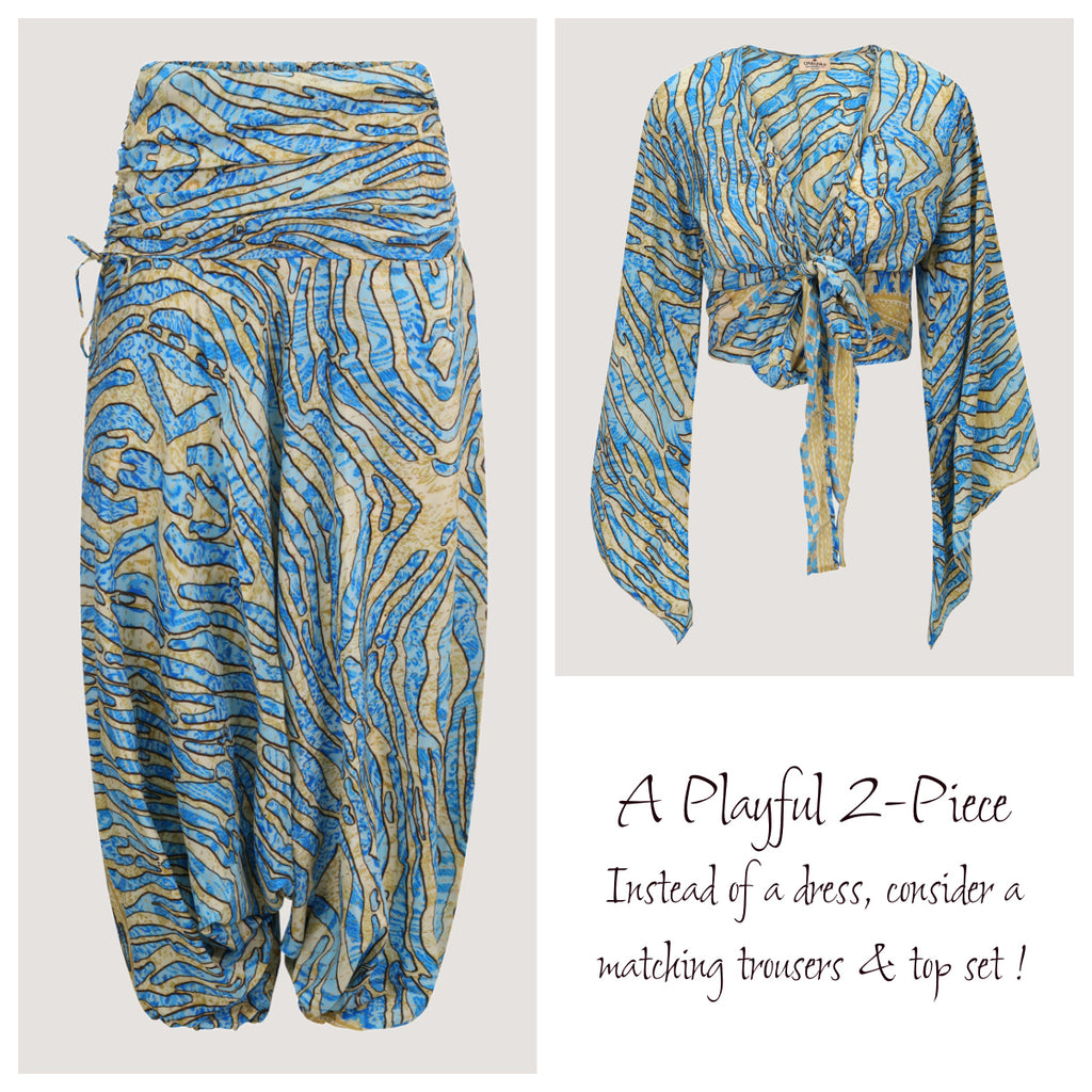 Blue and gold animal print, recycled Indian sari silk, matching wrap top and harem trousers designed by OMishka