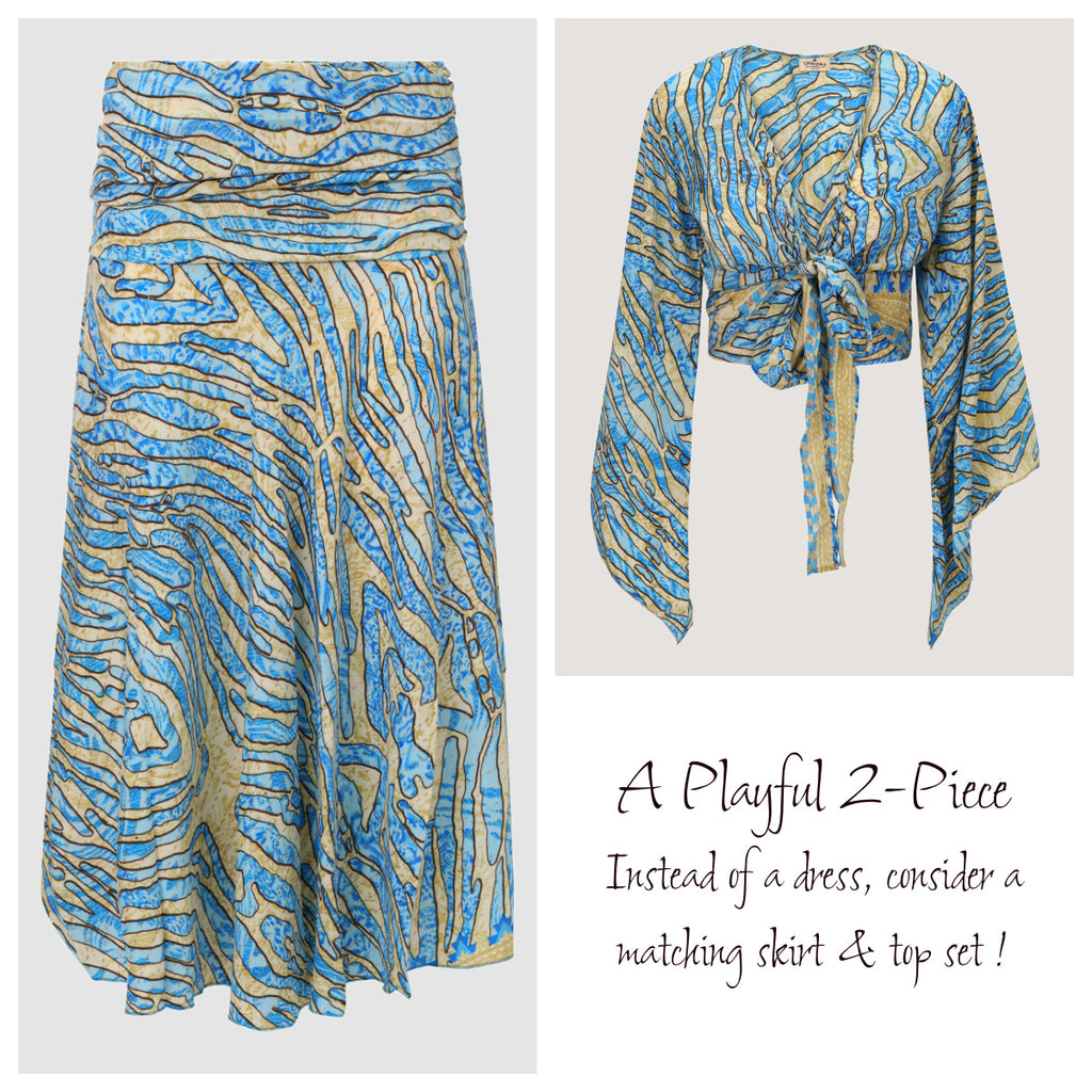 Blue and gold animal print striped, recycled Indian sari silk, matching wrap top and A-line skirt designed by OMishka