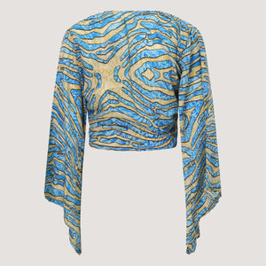 Blue and gold stripe animal print Indian sari wrap top designed by OMishka