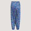 Blue floral leaf print, recycled Indian sari silk, strapless jumpsuit 2-in-1 harem trousers designed by OMishka