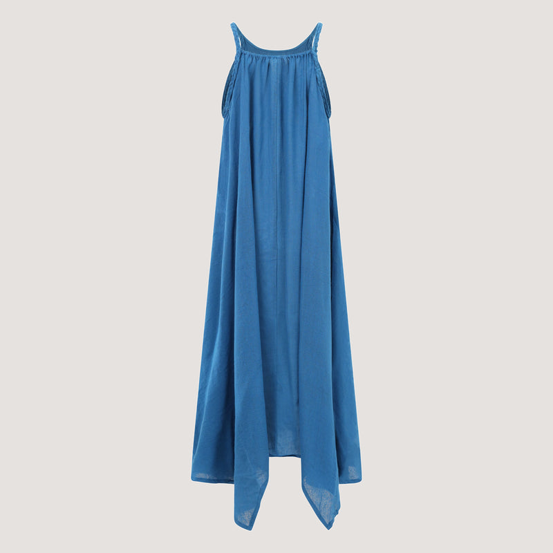 Blue Linen Hanky Hem Maxi Dress