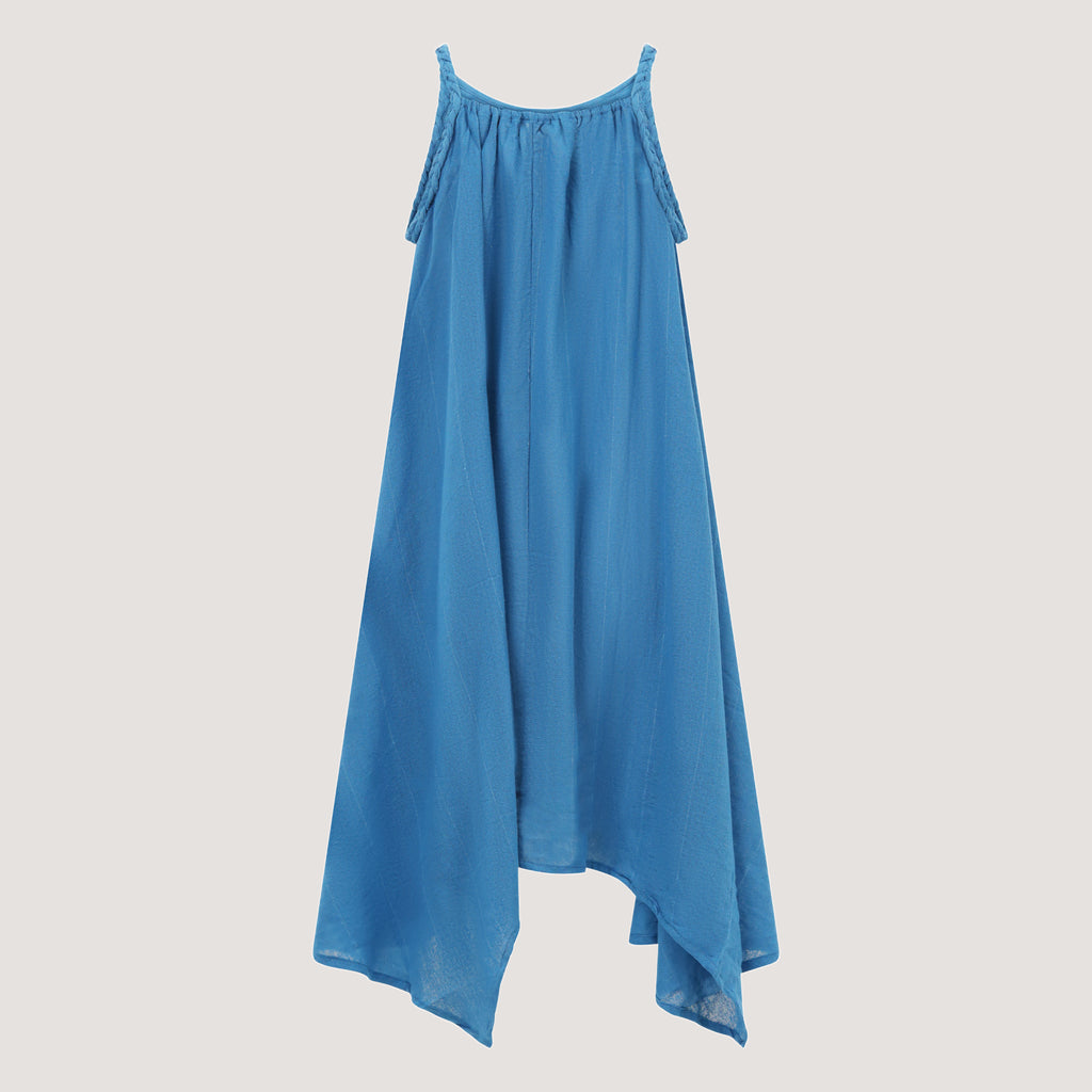 Blue Linen Hanky Hem Midi Dress