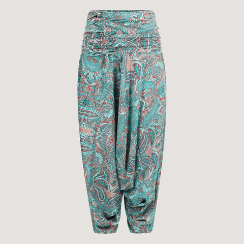 Teal & Gold Animal Print Silk Harem Trousers 2-in-1 Jumpsuit