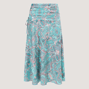 Blue floral paisley motif print, recycled Indian sari silk, 2-in-1 A-line skirt dress designed by OMishka