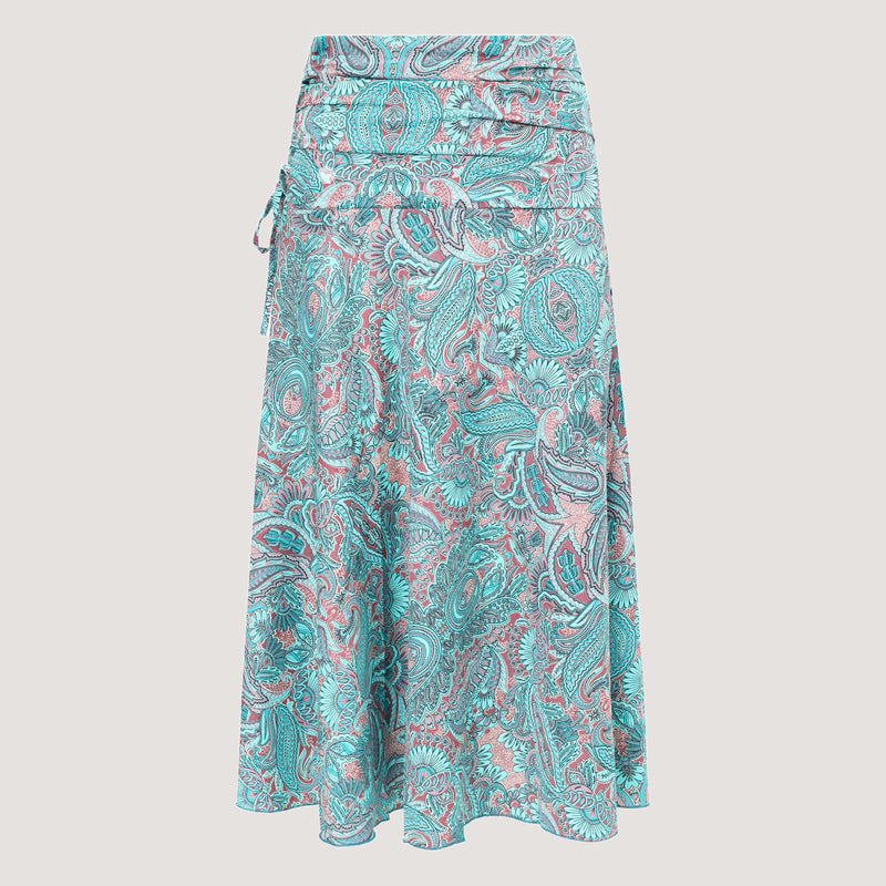 Blue floral paisley motif print, recycled Indian sari silk, 2-in-1 A-line skirt dress designed by OMishka