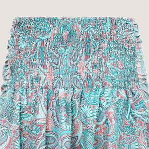 Blue floral paisley motif print, recycled Indian sari silk 2-in-1 A-line skirt dress designed by OMishka
