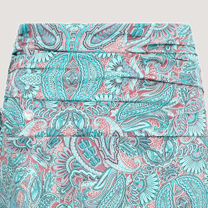 Blue floral paisley motif print, recycled Indian sari silk, A-line skirt 2-in-1 dress designed by OMishka