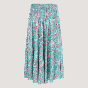 Blue floral paisley motif print, recycled Indian sari silk, strapless dress 2-in-1 A-line skirt designed by OMishka