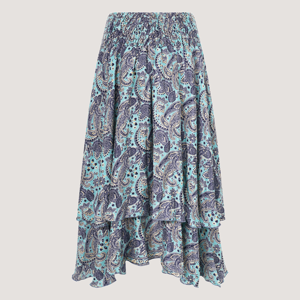 Blue paisley swirl patterned, double layered recycled Indian sari silk, strapless dress 2-in-1 skirt designed by OMishka