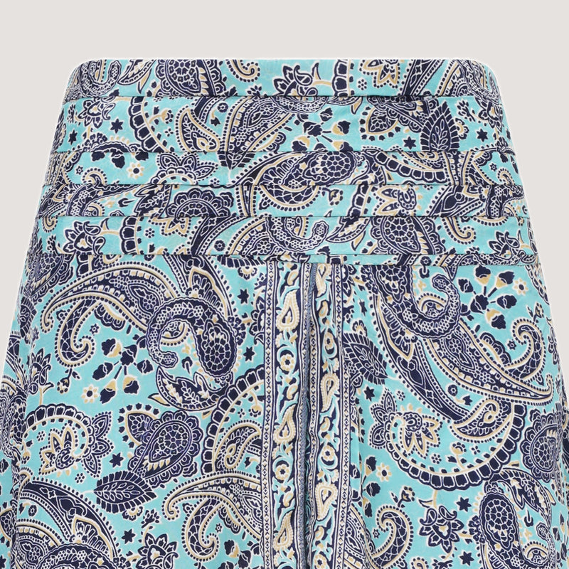 Blue paisley swirl print, double layered, recycled Indian sari silk skirt 2-in-1 dress designed by OMishka