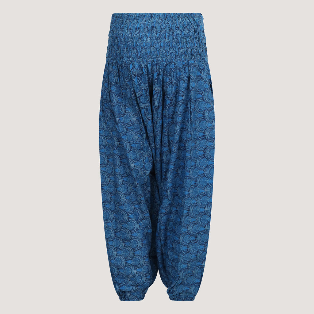 Blue palm frond bandeau jumpsuit 2-in-1 harem pants designed by OMishka