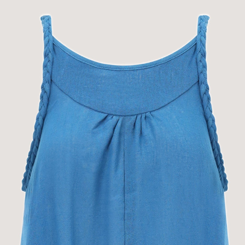Blue plait strap handkerchief hem midi dress designed by OMishka