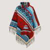 Blue mix coloured roll neck, Aztec patterned, fringed poncho designed by OMishka