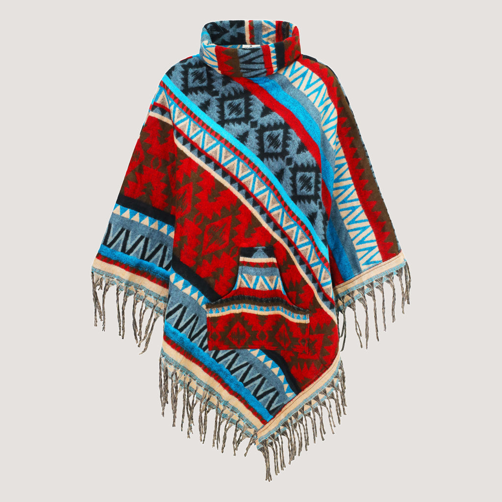 Blue mix coloured roll neck, Aztec patterned, fringed poncho designed by OMishka