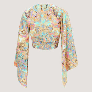 Blue swirl print Indian sari wrap top designed by OMishka