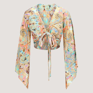 Blue swirl print sari wrap top designed by OMishka