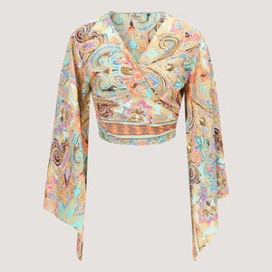 Blue swirl print sari wrap top designed by OMishka