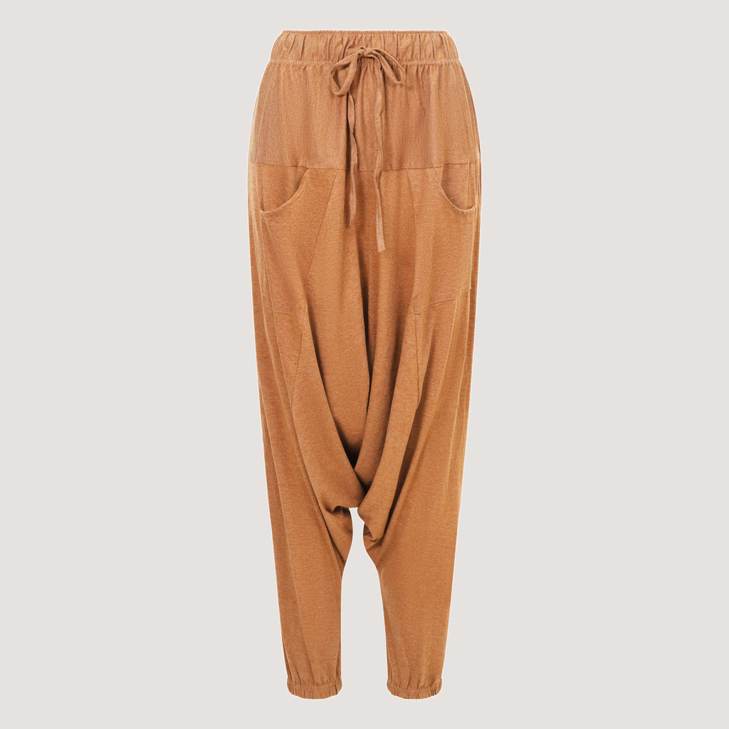 LIght brown super-soft bamboo harem pants designed by OMishka