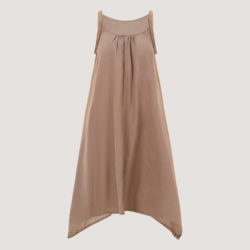 Brown Linen Hanky Hem Midi Dress