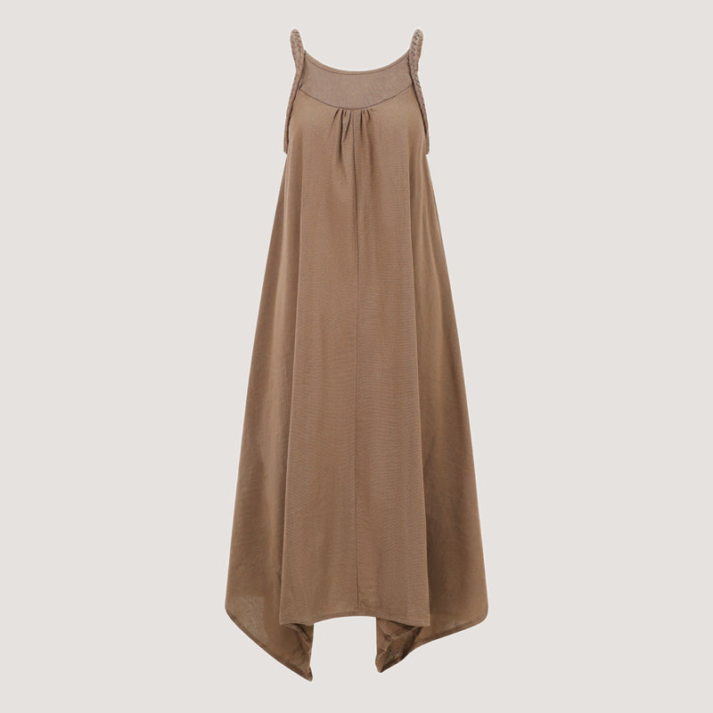 Brown handkerchief hem midi dress with a plait strap detail designed by OMishka