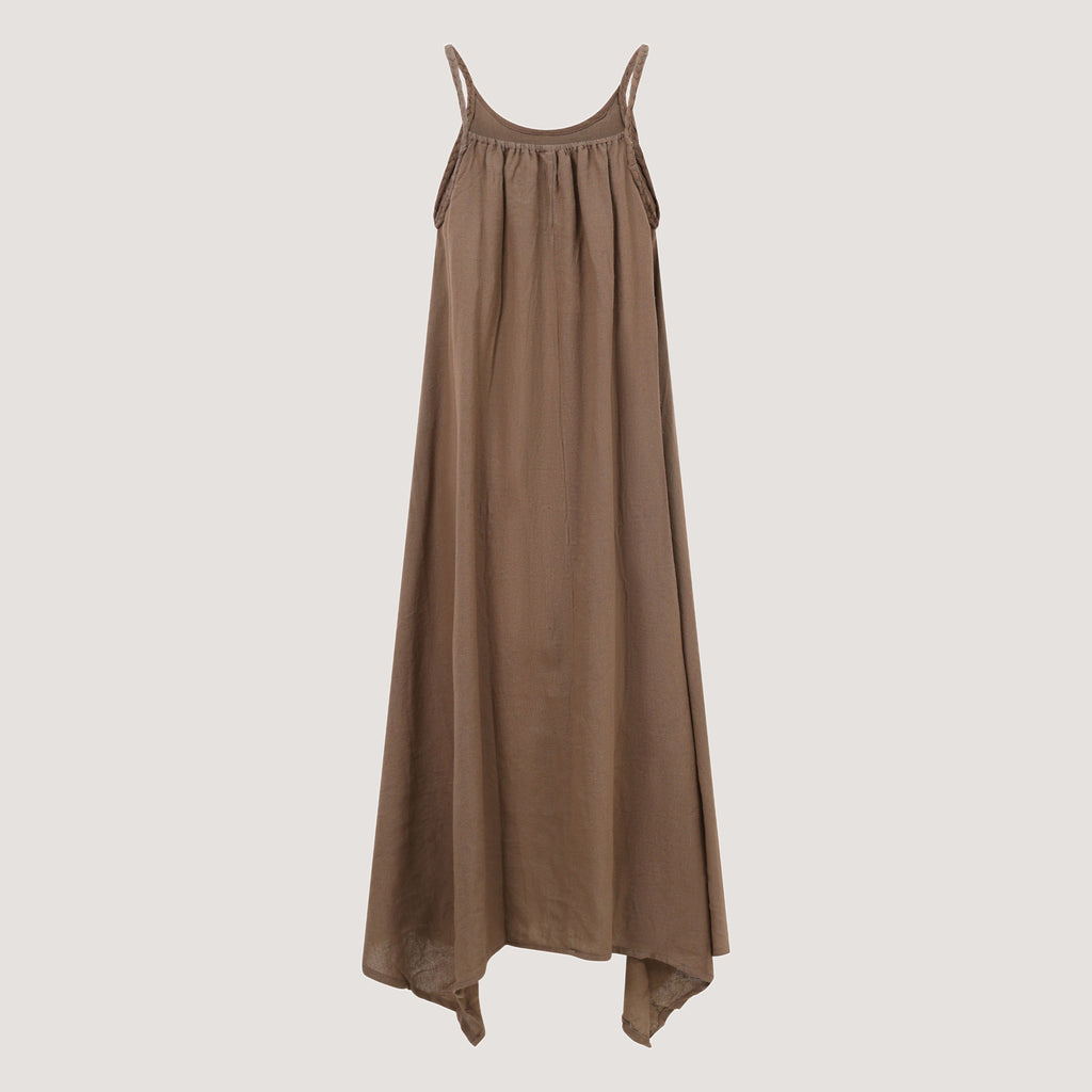 Brown hanky hem midi dress with a plait strap detail designed by OMishka