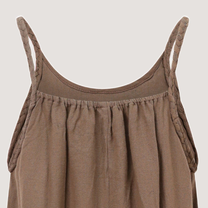 Brown linen handkerchief hem midi dress with a plait strap detail designed by OMishka