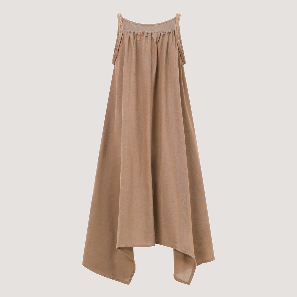 Brown Linen Hanky Hem Midi Dress