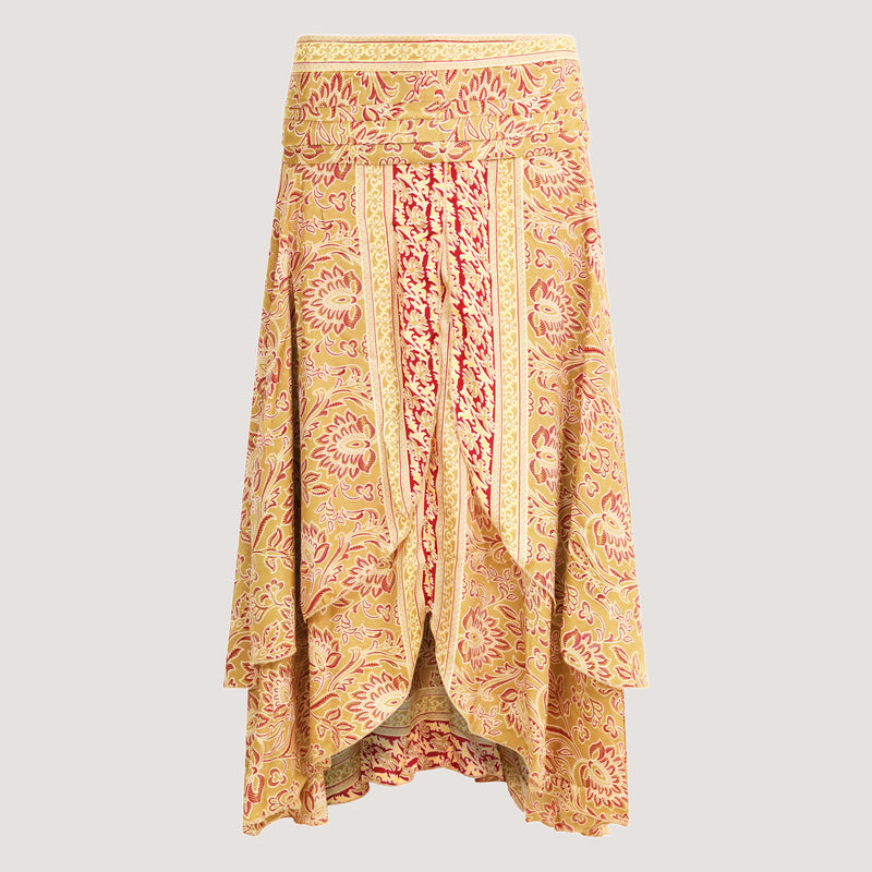 Beige brown and red lotus flower, double layered, recycled Indian sari silk 2-in-1 skirt dress designed by OMishka