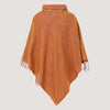 Burnt orange cowl neck poncho featuring kantha embroidery and a fringed hemline designed by OMishka