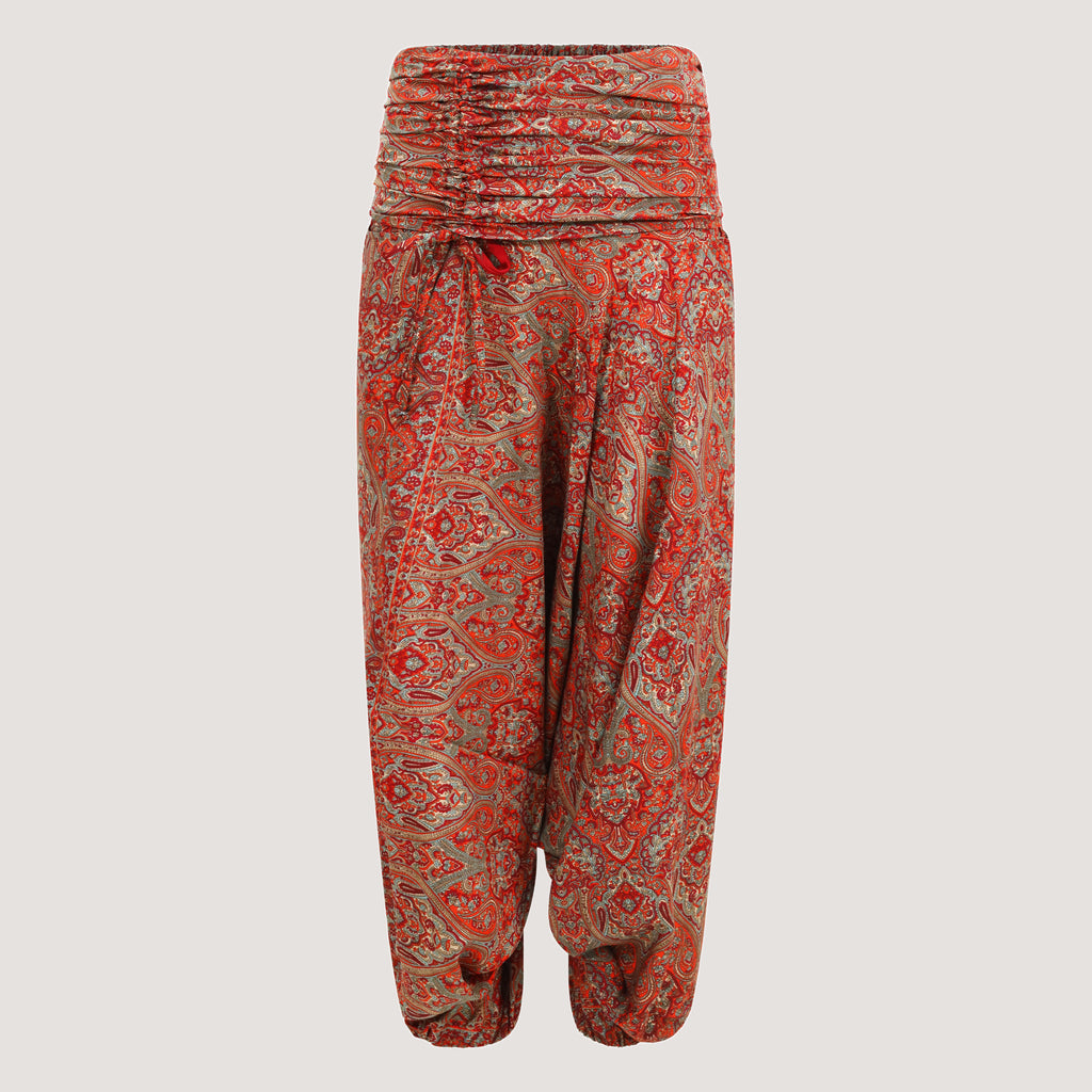 Burnt orange mosaic print, recycled Indian sari silk, harem trousers 2-in-1 bandeau jumpsuit designed by OMishka