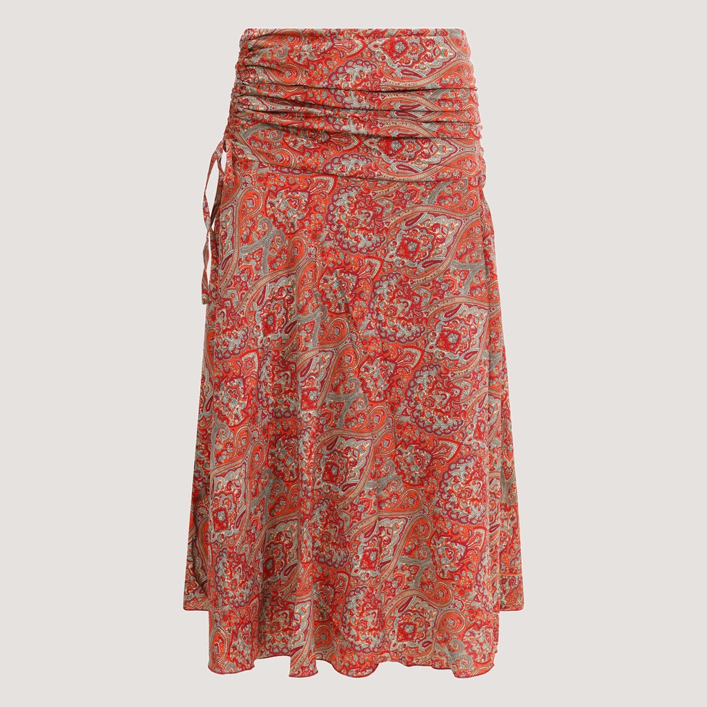 Burnt orange mosaic print, recycled Indian sari silk, 2-in-1 A-line skirt dress designed by OMishka