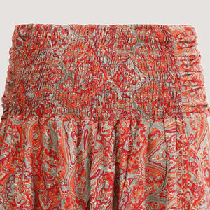 Burnt orange mosaic print, recycled Indian sari silk 2-in-1 A-line skirt dress designed by OMishka