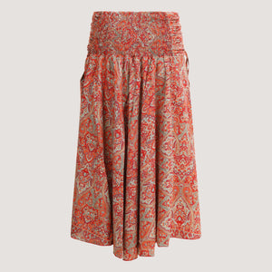 Burnt orange mosaic print, recycled Indian sari silk, strapless dress 2-in-1 A-line skirt designed by OMishka