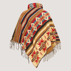 Dark brown mix, cowl neck poncho featuring an Aztec pattern and a fringed hemline designed by OMishka