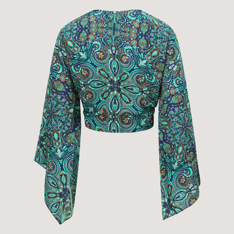Green, teal and blue abstract print Indian sari wrap top designed by OMishka