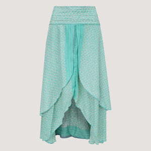 Green ditsy floral print, double layered, recycled Indian sari silk 2-in-1 skirt dress designed by OMishka