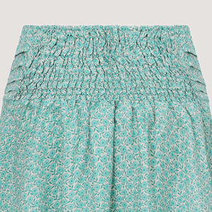Green ditsy floral print, double layered, recycled Indian sari silk 2-in-1 skirt dress designed by OMishka