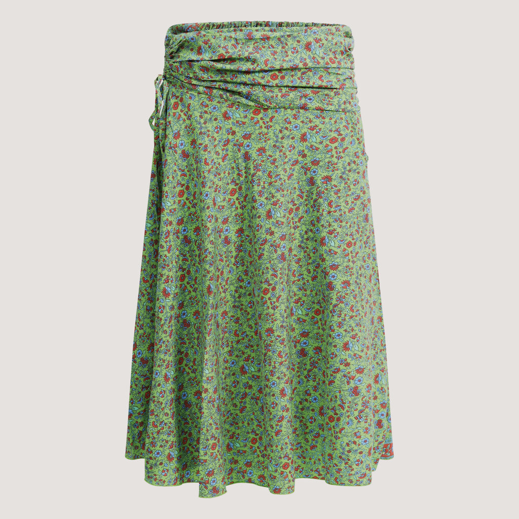 Green ditsy floral print, recycled Indian sari silk, 2-in-1 A-line skirt dress designed by OMishka