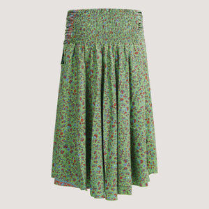 Green ditsy floral print, recycled Indian sari silk, strapless dress 2-in-1 A-line skirt designed by OMishka