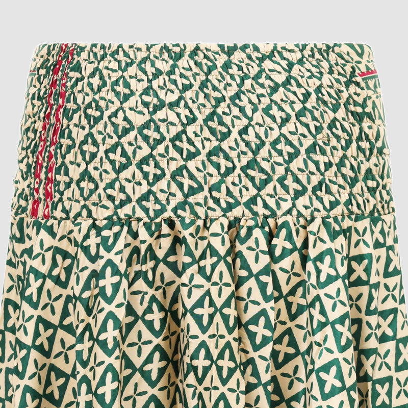 Green and ecru cross print, double layered, recycled Indian sari silk 2-in-1 skirt dress designed by OMishka
