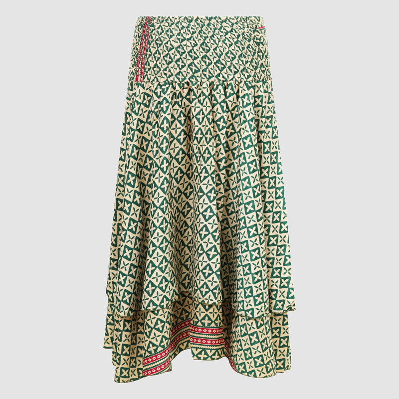 Green and ecru cross patterned, double layered recycled Indian sari silk, strapless dress 2-in-1 skirt designed by OMishka