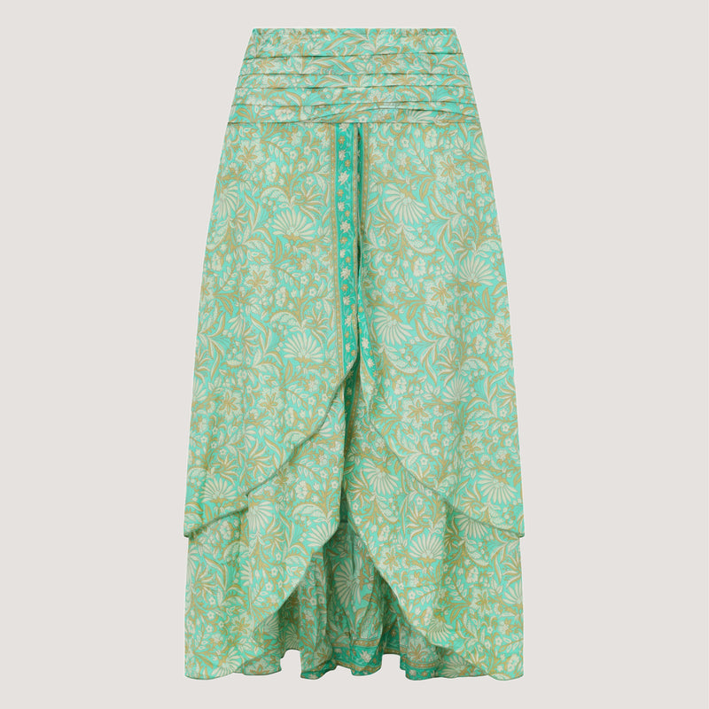 Green floral print, double layered, recycled Indian sari silk 2-in-1 skirt dress designed by OMishka