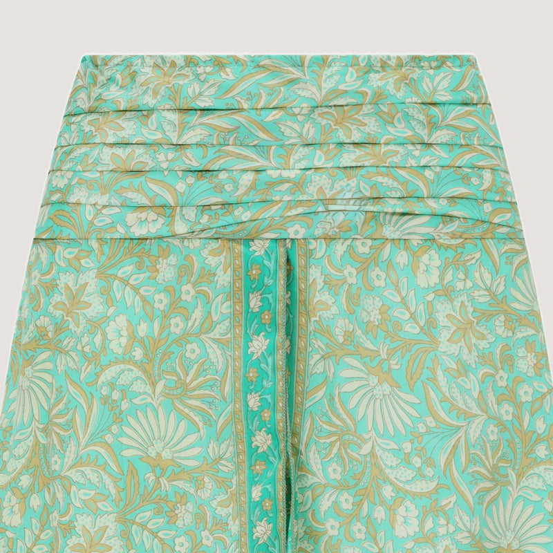 Green floral print, double layered, recycled Indian sari silk skirt 2-in-1 dress designed by OMishka