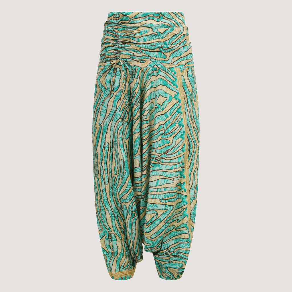 Green and gold animal print, recycled Indian sari silk, harem trousers 2-in-1 bandeau jumpsuit designed by OMishka