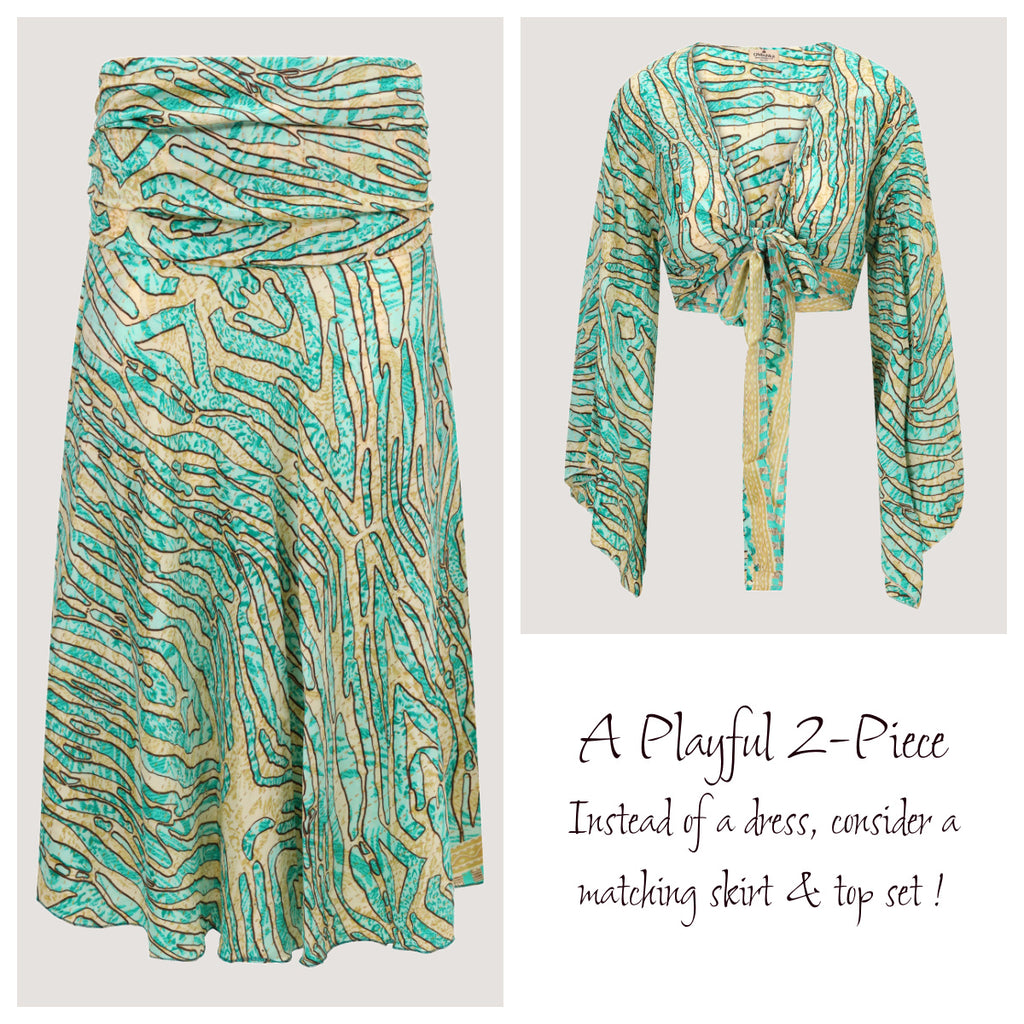 Green and gold animal print striped, recycled Indian sari silk, matching wrap top and A-line skirt designed by OMishka