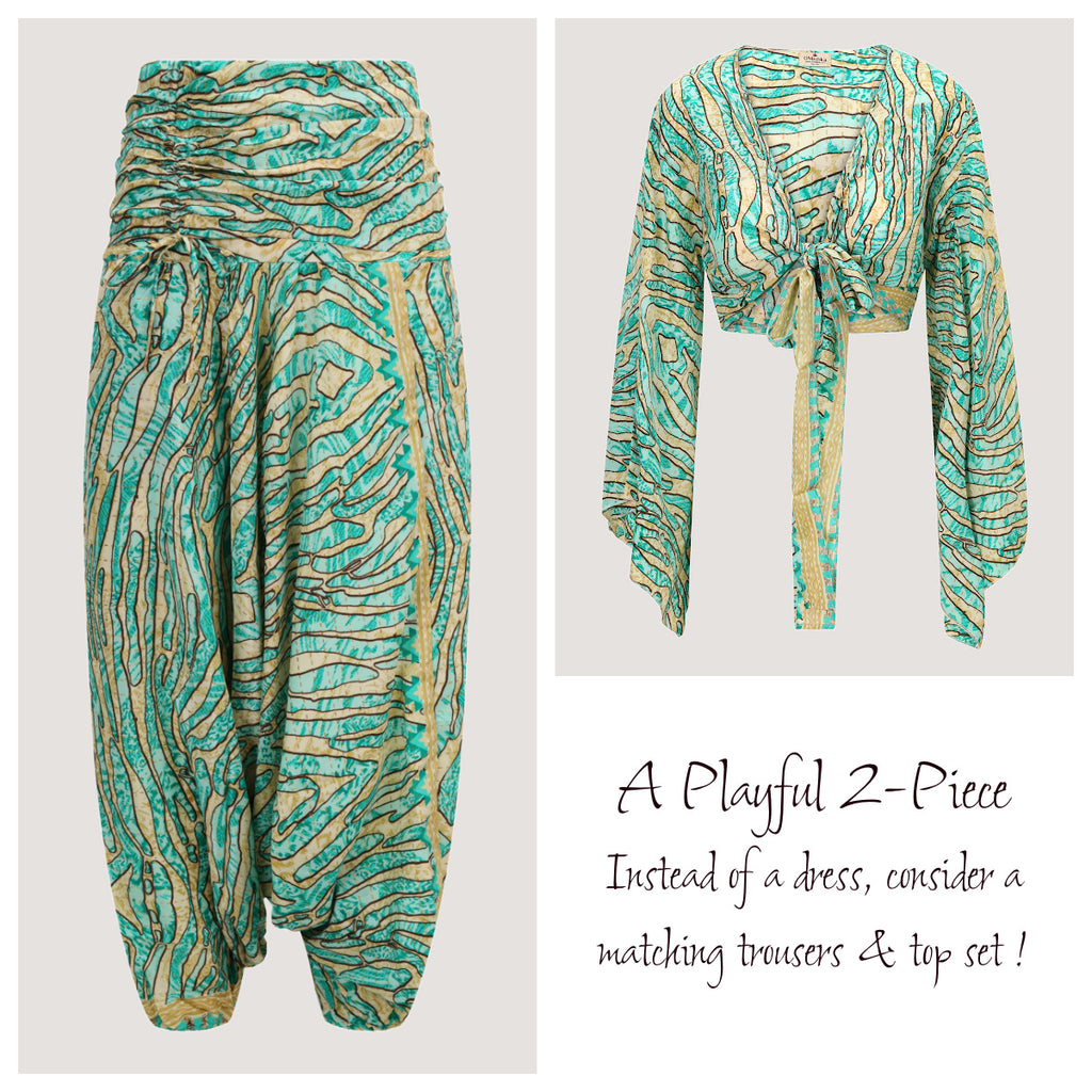 Green and gold animal print, recycled Indian sari silk, matching wrap top and harem trousers designed by OMishka