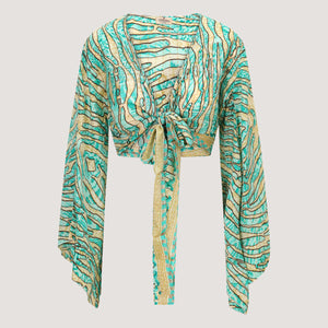 Green and gold stripe animal print sari wrap top designed by OMishka